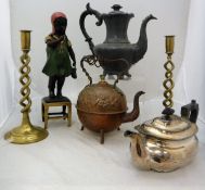 A box of various metal wares to include three copper kettles, three plated teapots, pewter wares,