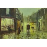 JOHN BAMPFIELD "Victorian Street Scene at Night with Carriage and Figures", acrylic on canvas,