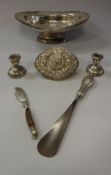 A George V silver fruit bowl with beaded rim raised on an oval foot (by Atkin Brothers,