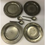 A set of three 19th Century pewter spoons stamped "TC" with lion mark and crowned X mark together