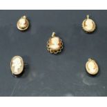 Five various 9 carat gold mounted cameo pendants,