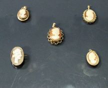 Five various 9 carat gold mounted cameo pendants,