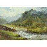 F HINES "Highland Landscape with Cattle Watering", oil on paper, signed lower left,