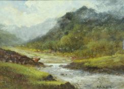 F HINES "Highland Landscape with Cattle Watering", oil on paper, signed lower left,