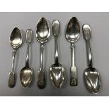 A collection of six Russian silver "Fiddle" pattern spoons with engraved monograms, 9.