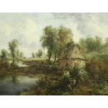 ATTRIBUTED F W WATTS "Thatched Cottage and Figures by Water's Edge", oil on canvas,