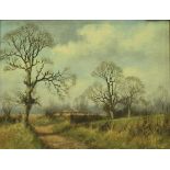 JAMES WRIGHT "Country Path with Farm Building in the Background", oil on board, signed lower right,
