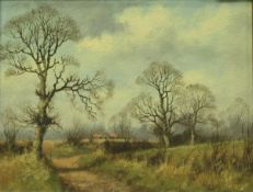 JAMES WRIGHT "Country Path with Farm Building in the Background", oil on board, signed lower right,