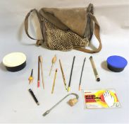 A Continental leather and canvas shooting bag and a selection of miscellaneous fishing tackle
