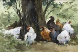 VALERIE BATCHELOR "The Meeting Place", a study of chickens gathering around the base of a tree,