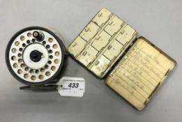 A Hardy "Viscount 140" alloy trout fly reel and a Hardy japanned dry fly case