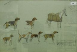 TOM CARR "North Staffs", pencil and watercolour studies of a horse and hounds for a painting,