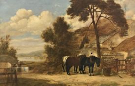 LATE 19TH / EARLY 20TH CENTURY ENGLISH SCHOOL "Horses outside a Yard", oil on canvas,