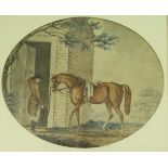 EARLY 19TH CENTURY ENGLISH SCHOOL "Horse and grooms", pen, ink and watercolour,