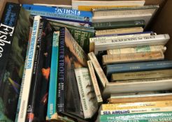 A box containing a number of fishing related volumes to include CAIRNS "Back-packing for Trout",