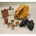 A box of sundry sporting items, to include a baseball glove, two pairs of binoculars,