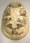 A replica "blonde Turtle shell" with scrimshaw style decoration,