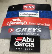 A collection of five fishing tackle company advertising signs for Penn, Shakespeare, Berkeley,