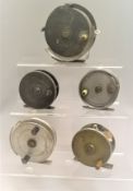 A collection of five centre pin fishing reels to include a Wallace & Kerr 2¾" plate wind,
