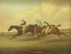 NEWTON "A Close Finish", horse racing scene depicting three horses and riders, oil on canvas,