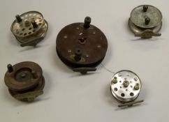 A collection of five assorted fishing reels to include a 6" Scarborough style sea reel,