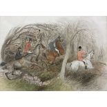 JEMINMA BLACKBURN "Hunting Scene 2", a scene depicting five horseman chasing a fox through woodland,