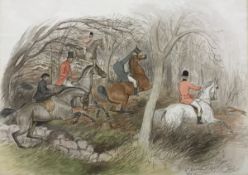 JEMINMA BLACKBURN "Hunting Scene 2", a scene depicting five horseman chasing a fox through woodland,