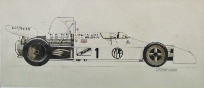 UNDERWOOD "Graham Hill's Brabham Formula I racing car", watercolour,