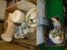 A box of sundry china and glass to include Jasper ware, various decanters, etc,