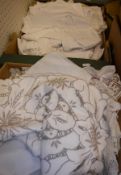 Two boxes of assorted table linen, childrens' cotton nightgowns,