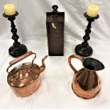 A 19th Century oak candle box, a pair of turned oak candle sticks, copper haystack measure,