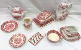 A large quantity of red transfer decorated dinner wares including Mason's, Palissy,
