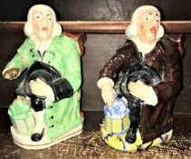 Two 19th Century Staffordshire character jugs as "The Night Watchman", one in green jacket,