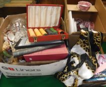 A box containing various china and glassware, cookery books, gaming chips, etc,