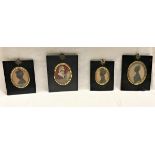 Three framed silhouettes of young ladies, a miniature of an older lady,