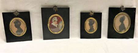 Three framed silhouettes of young ladies, a miniature of an older lady,