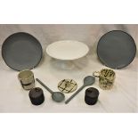 A pair of Daylesford grey glazed pottery plates and spoons, a White Company mince pie / cake stand,