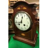 A circa 1900 Continental mahogany and inlaid cased mantel clock,