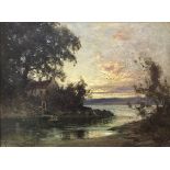 19TH CENTURY ENGLISH SCHOOL "Lake view at sunset" oil on canvas indistinctly signed lower left