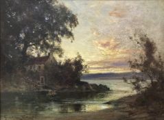 19TH CENTURY ENGLISH SCHOOL "Lake view at sunset" oil on canvas indistinctly signed lower left