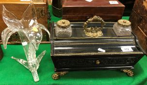 A 19th Century ebonised and brass embellished desk stand with two cut glass inkwells and a glass