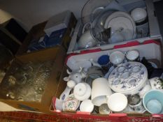 Two boxes of assorted decorative china wares, together with two boxes of assorted glass ware,