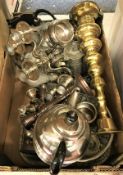 A box of assorted metal wares to include a five branch candelabra, teapot, etc,