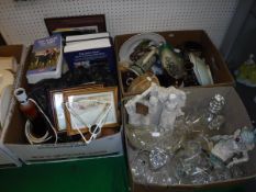 Three boxes of assorted sundry china and glass to include decanters, clown figures,