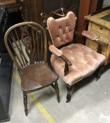 An Edwardian mahogany framed salon armchair, together with a Victorian wheel and stick back chair,
