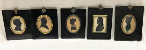 A collection of five 19th Century silhouettes all housed in ebonised frames (three cut out),