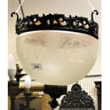 A circa 1900 etched glass and gilt brass framed ceiling lantern with floral decoration