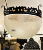 A circa 1900 etched glass and gilt brass framed ceiling lantern with floral decoration