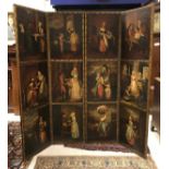 A 19th Century Continental painted four fold screen decorated in oils with twelve panels of figures