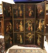 A 19th Century Continental painted four fold screen decorated in oils with twelve panels of figures